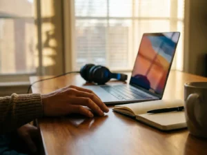 Hand op modern bureau naast laptop, headset en notitieboek, zachte gouden raamverlichting in eigentijds kantoor.