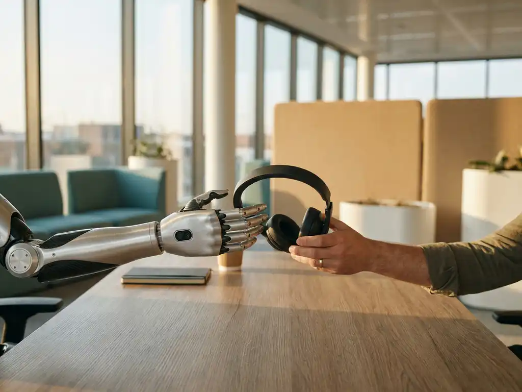 Menselijke hand reikt headset aan robotarm op modern kantoorbureau, warm middaglicht door raamwand, tint- en metaalcontrast.