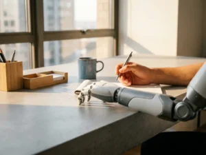Menselijke hand met pen naast een robotarm op modern bureau, warm natuurlijk licht, symboliseert samenwerking tussen mens en AI.