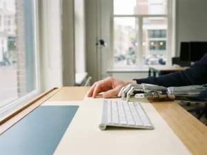 Menselijke hand en robothand naast elkaar op een modern bureau bij een toetsenbord, zachte natuurlijke belichting.