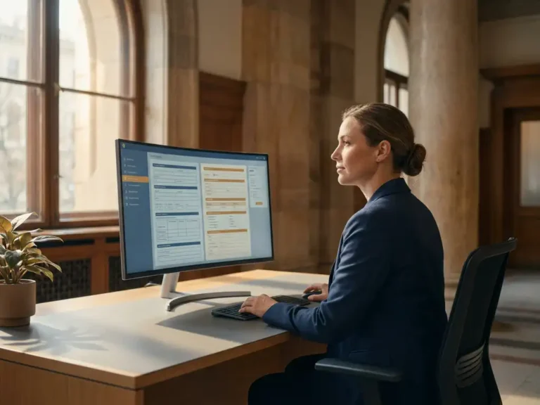 Ambtenaar aan een modern bureau met monitor waarop burgergegevens staan, in een stijlvol overheidsgebouw met warm licht.