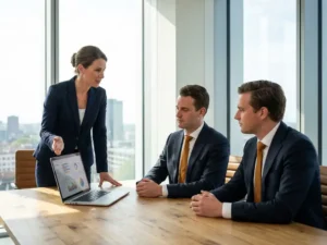 Professional presenteert laptop met dashboard-analytics aan twee executives in moderne boardroom met vloer-tot-plafond ramen in Utrecht.