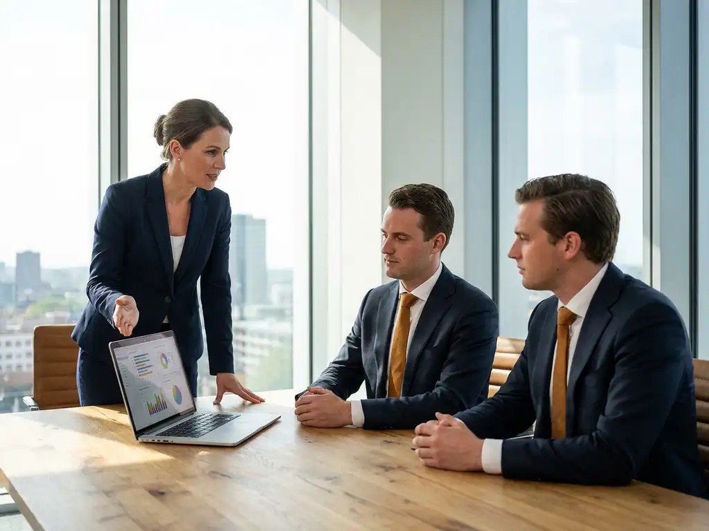 Professional presenteert laptop met dashboard-analytics aan twee executives in moderne boardroom met vloer-tot-plafond ramen in Utrecht.