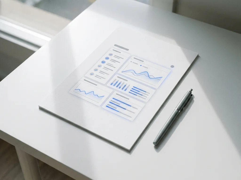 Prestatie-dashboard op papier naast een pen op een wit bureau, met grafieken en vinkjes in blauw-grijze tinten.