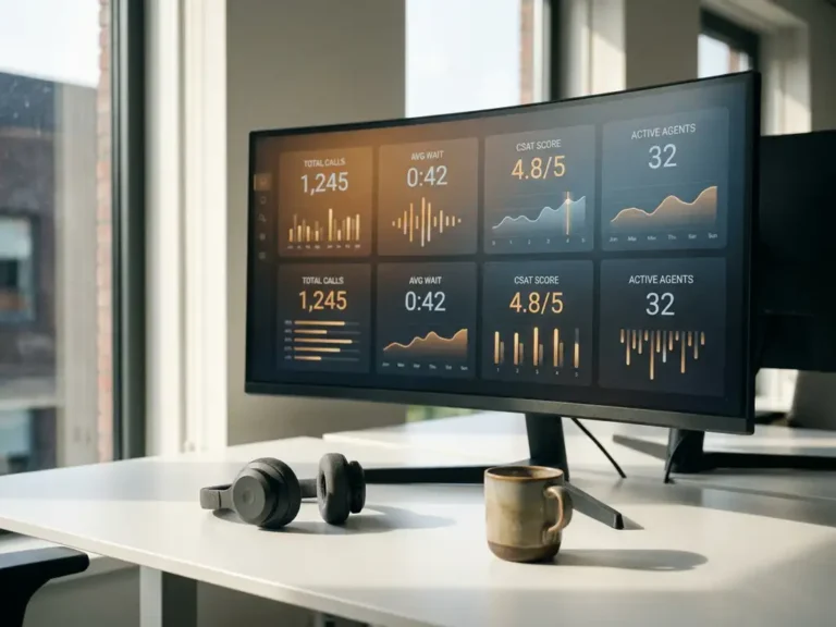 Gebogen ultrawide monitor met gloeiende prestatiecijfers in een modern contactcenter, headset en koffiemok op wit bureau.