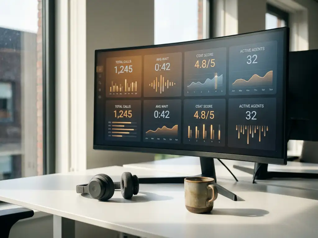 Gebogen ultrawide monitor met gloeiende prestatiecijfers in een modern contactcenter, headset en koffiemok op wit bureau.