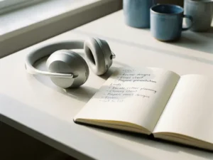 Zilveren headset naast een open notitieboek met handgeschreven taken op een wit bureau in zacht ochtendlicht.