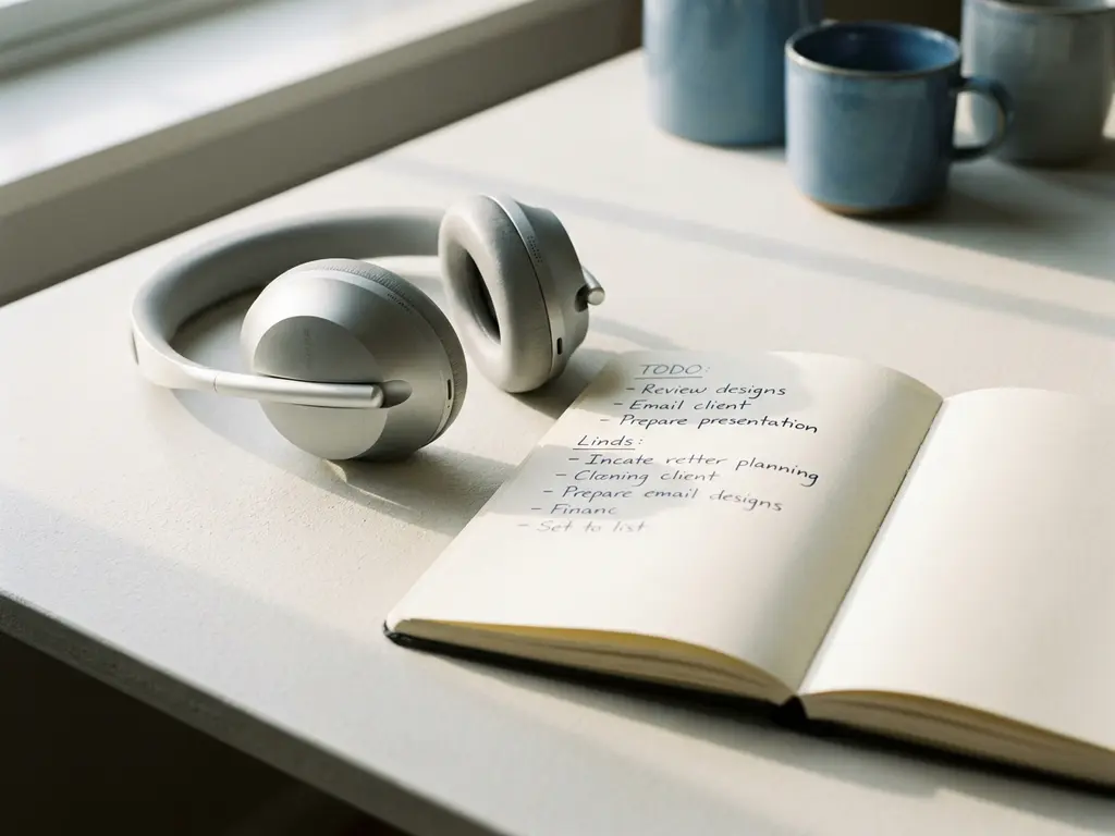 Zilveren headset naast een open notitieboek met handgeschreven taken op een wit bureau in zacht ochtendlicht.