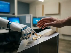 Robothand en menselijke hand reiken naar een verlichte belbknop van een servicedesk in een modern contactcenter.