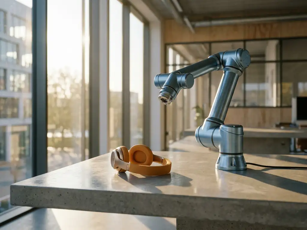 Industriële robotarm en draadloze headset op betonnen bureau in modern Utrecht kantoor, zacht middaglicht door hoge ramen.