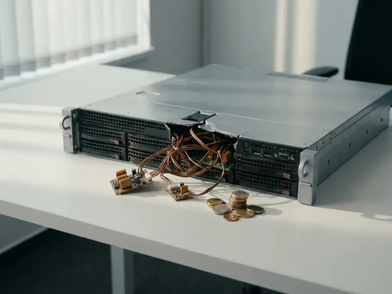 Open server met koperbedrading en omgevallen euromunten op wit bureau, zachte kantoorverlichting.