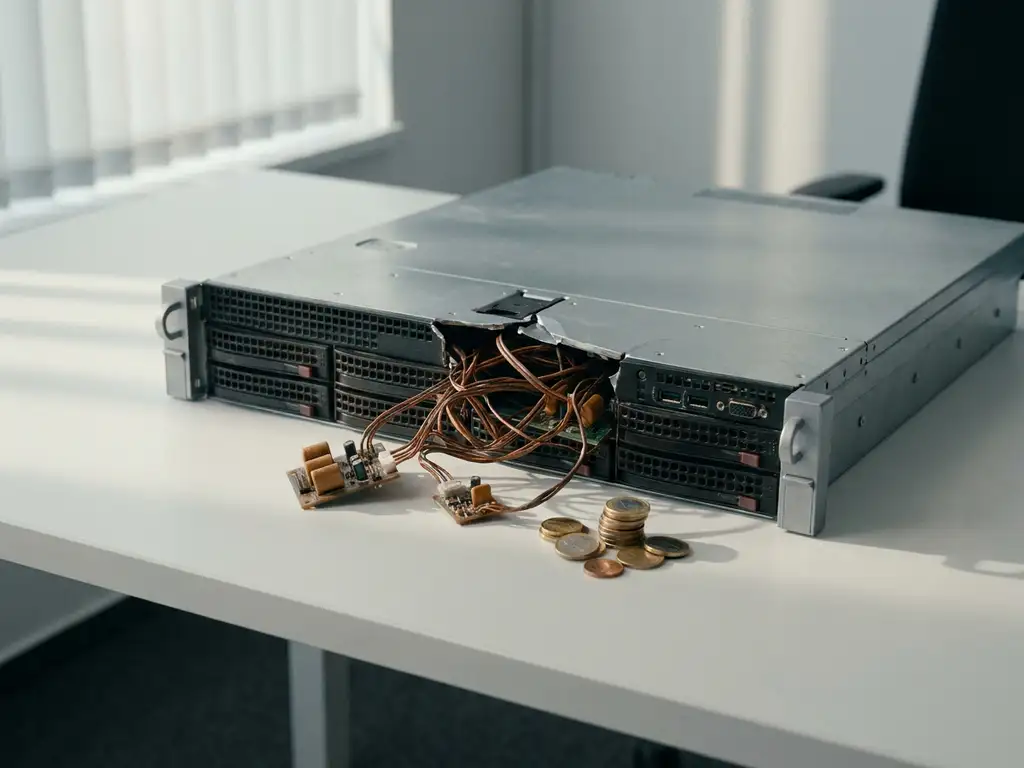 Open server met koperbedrading en omgevallen euromunten op wit bureau, zachte kantoorverlichting.