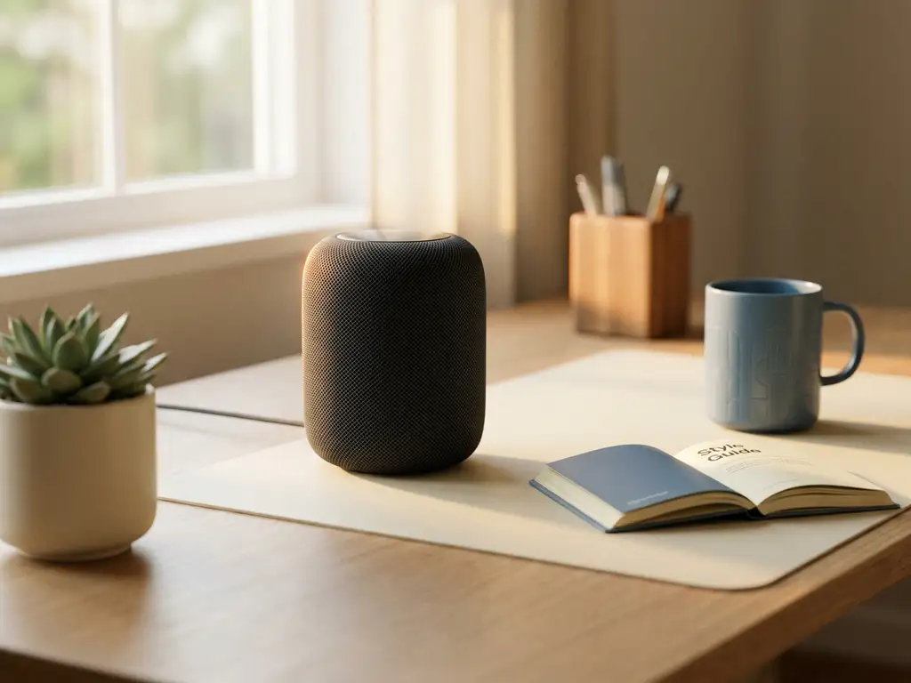 Slimme speaker op modern bureau naast stijlgids, branded mok en kamerplant in warm middaglicht.