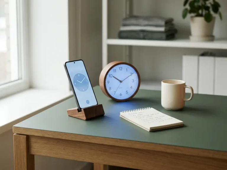 Smartphone op modern bureau naast analoge klok en handgeschreven notitieblok, zacht blauw schermgloed, natuurlijk raamlicht.