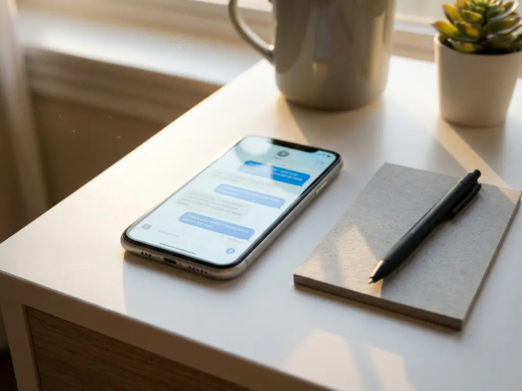 Smartphone met actief chatgesprek op wit bureau naast notitieboekje en pen, zacht ochtendlicht, minimalistisch werkblad.