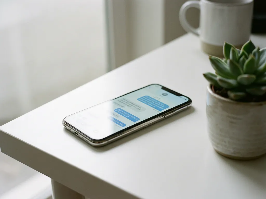 Smartphone op wit bureau met gloeiend chatgesprek op scherm, naast een kleine vetplant in warm kantoorlicht.