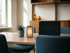 Smartphone met inkomend chatbericht naast een vetplant op een modern bureau, met een laptopscherm op de achtergrond in een Nederlands kantoor.