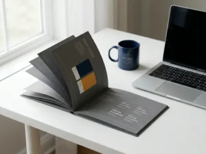 Open stijlgids met typografie en kleurstalen op wit bureau naast laptop en branded koffiemok, verlicht door natuurlijk raamlicht.