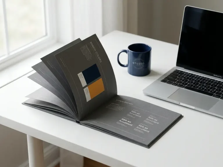 Open stijlgids met typografie en kleurstalen op wit bureau naast laptop en branded koffiemok, verlicht door natuurlijk raamlicht.