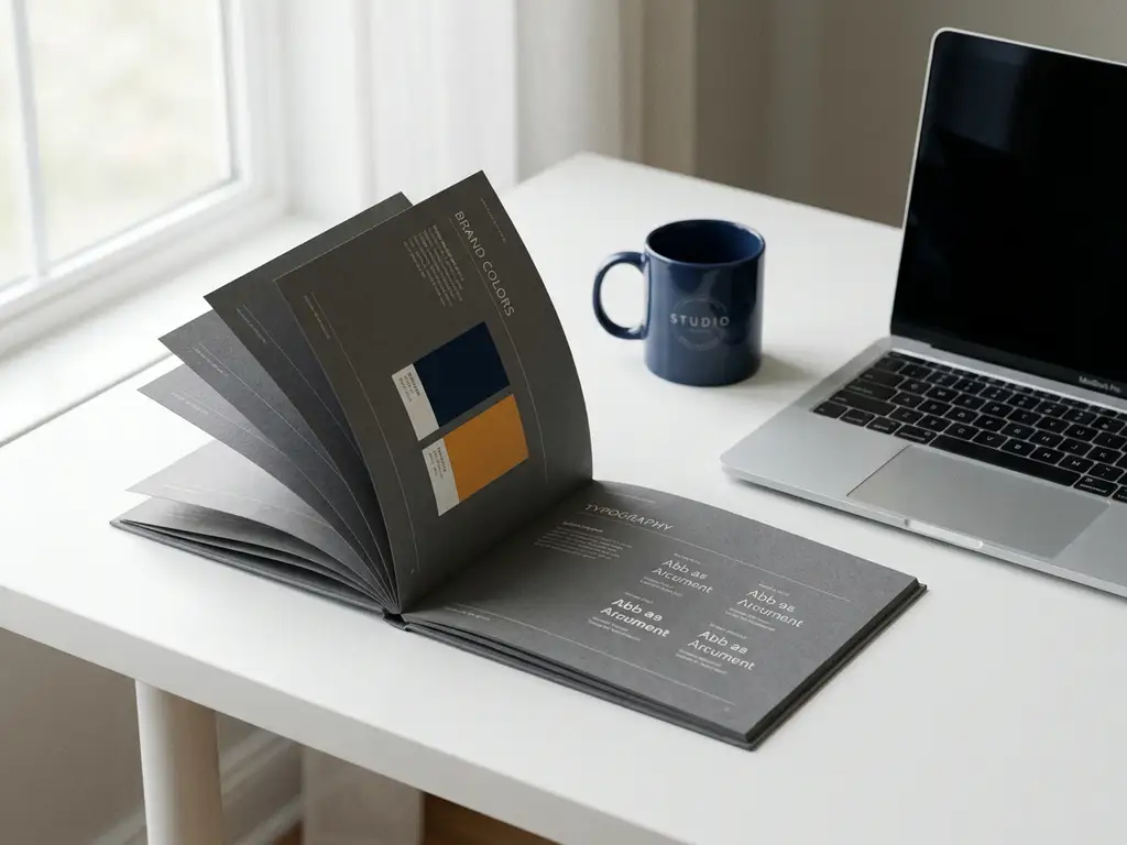 Open stijlgids met typografie en kleurstalen op wit bureau naast laptop en branded koffiemok, verlicht door natuurlijk raamlicht.