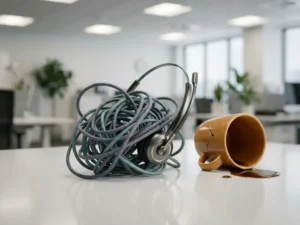 Verward telefoonkabel geknoopt om een moderne headset op wit bureau, omgevallen koffiemok suggereert verstoring in kantooromgeving.