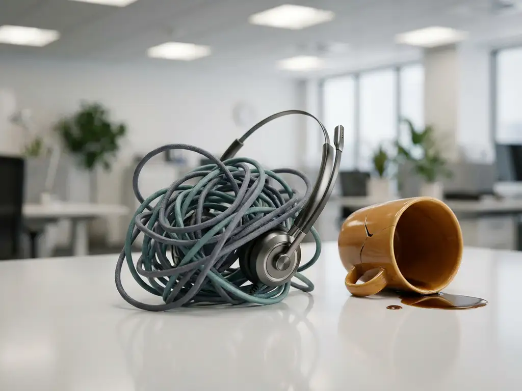 Verward telefoonkabel geknoopt om een moderne headset op wit bureau, omgevallen koffiemok suggereert verstoring in kantooromgeving.
