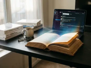 Open leren handboek op modern bureau naast laptop met chatinterface, omringd door vakboeken en koffie in warm-blauw licht.