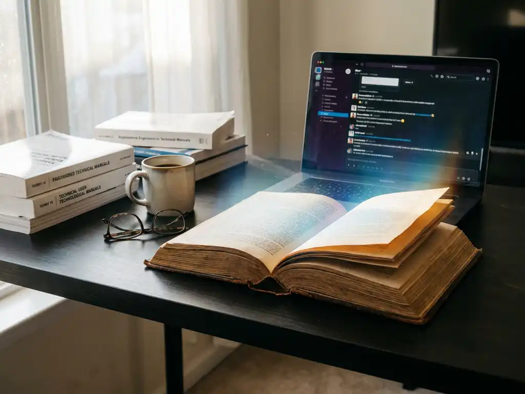 Open leren handboek op modern bureau naast laptop met chatinterface, omringd door vakboeken en koffie in warm-blauw licht.