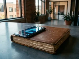 Versleten leren FAQ-map opengeslagen op modern bureau met smartphone waarop een chat-interface zichtbaar is, kantoromgeving op de achtergrond.