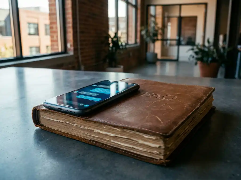 Versleten leren FAQ-map opengeslagen op modern bureau met smartphone waarop een chat-interface zichtbaar is, kantoromgeving op de achtergrond.