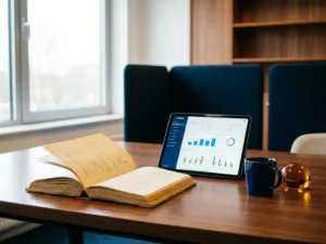 Verouderd bibliotheekboek met gebarsten rug naast een tablet met georganiseerde data op een modern bureau in Utrecht, navy en amber tinten.