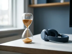 Zandloper met stromend amber zand op modern bureau naast een headset, zacht natuurlijk licht, professionele sfeer.