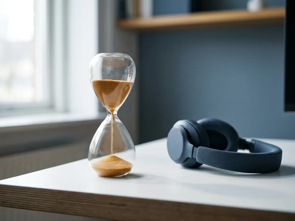 Zandloper met stromend amber zand op modern bureau naast een headset, zacht natuurlijk licht, professionele sfeer.