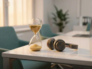 Zandloper met goudkleurig zand naast een moderne headset op een wit bureau, zachte amberkleurige belichting, zakelijke omgeving, ROI en tijdsbeheer.