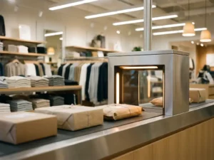 Zelfscankassa in moderne winkel met kledingrekken op achtergrond, lopende band met verpakte producten richting geautomatiseerde scanner.