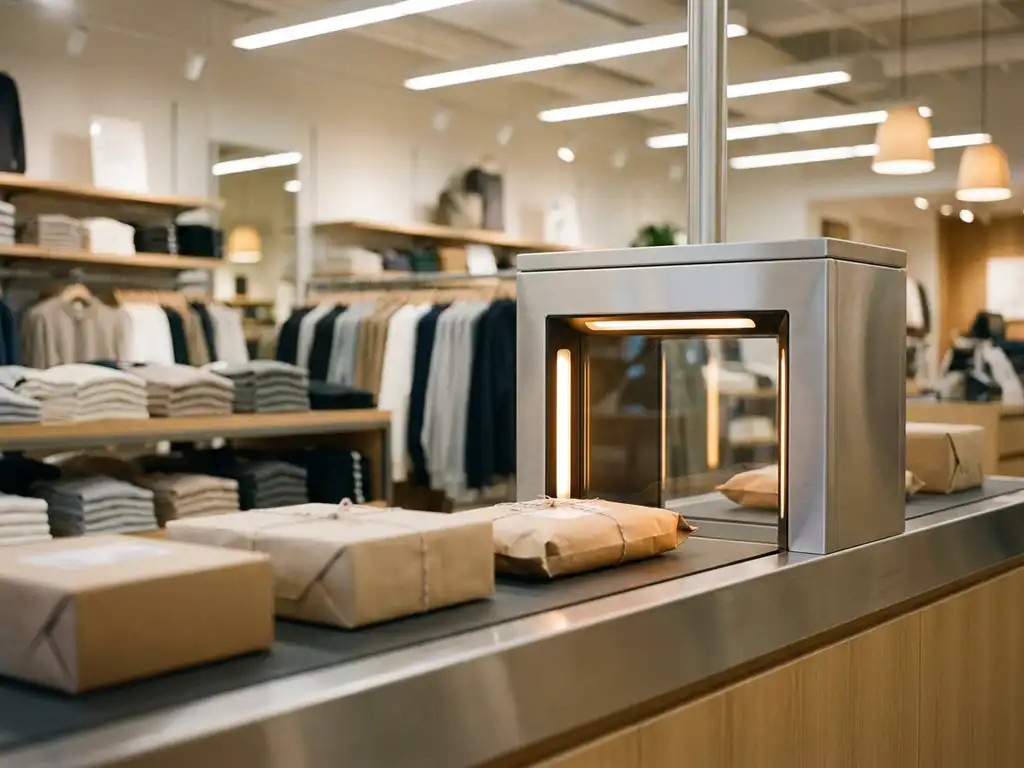 Zelfscankassa in moderne winkel met kledingrekken op achtergrond, lopende band met verpakte producten richting geautomatiseerde scanner.