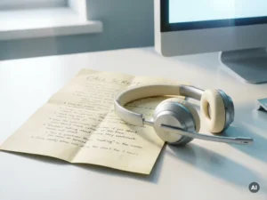 Versleten belscript met handgeschreven notities onder een moderne headset op wit bureau, zacht zijlicht.
