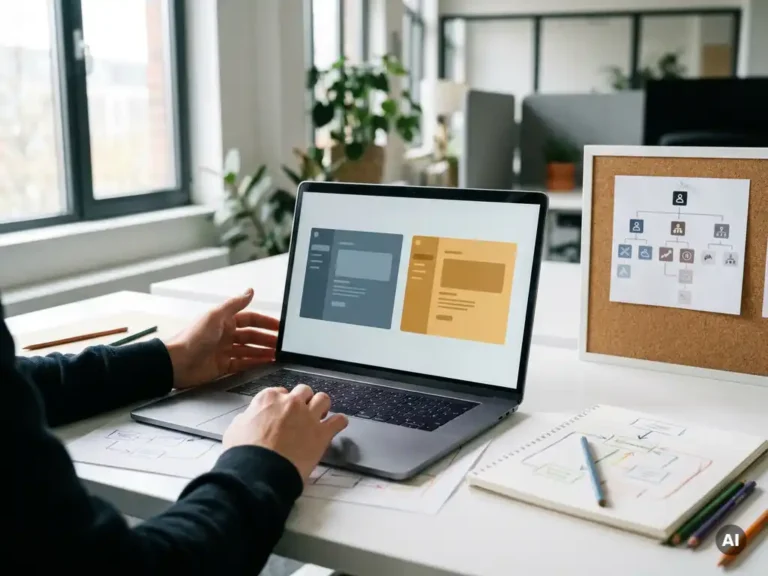 Handen boven laptop met workflowdiagrammen en organisatieschema op bureau bij platformkeuze vergelijking.
