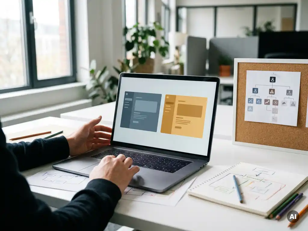Handen boven laptop met workflowdiagrammen en organisatieschema op bureau bij platformkeuze vergelijking.