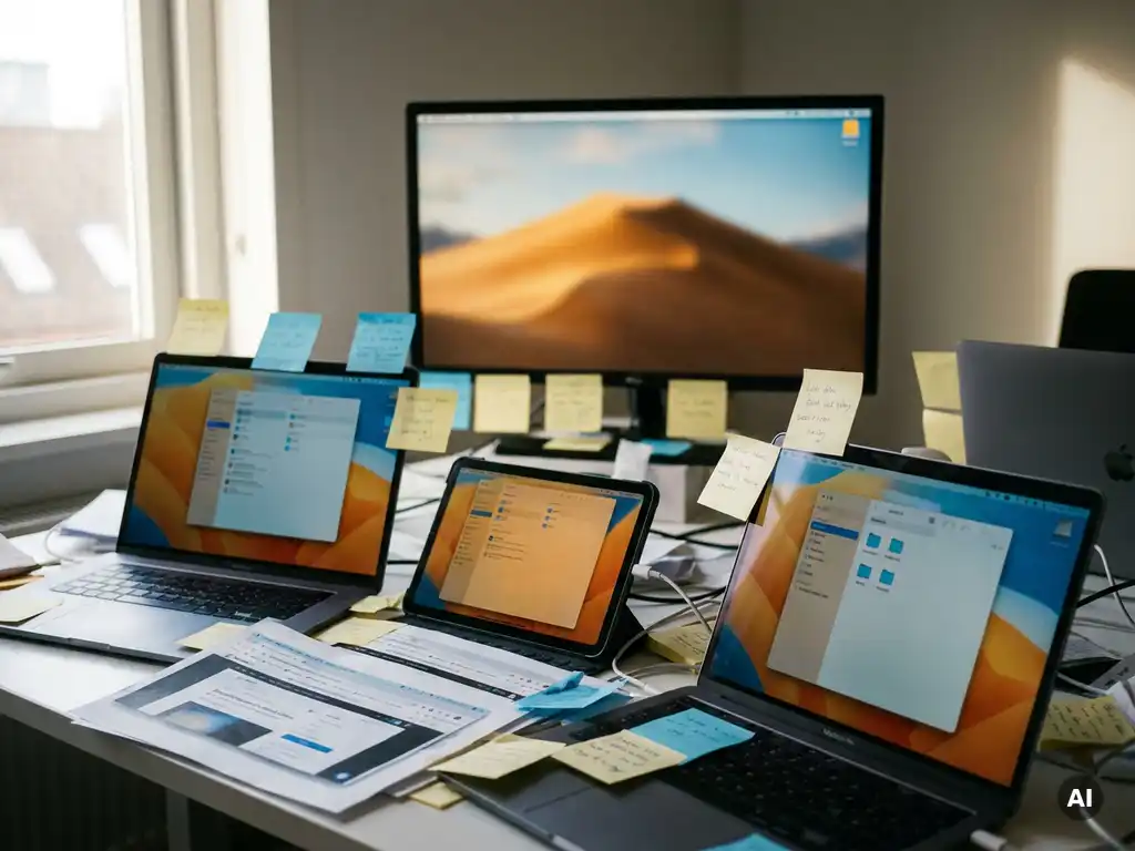 Rommelig bureau met tientallen browsertabs, sticky notes en open laptops, terwijl één rustig unified scherm zachtjes gloeit op de achtergrond.