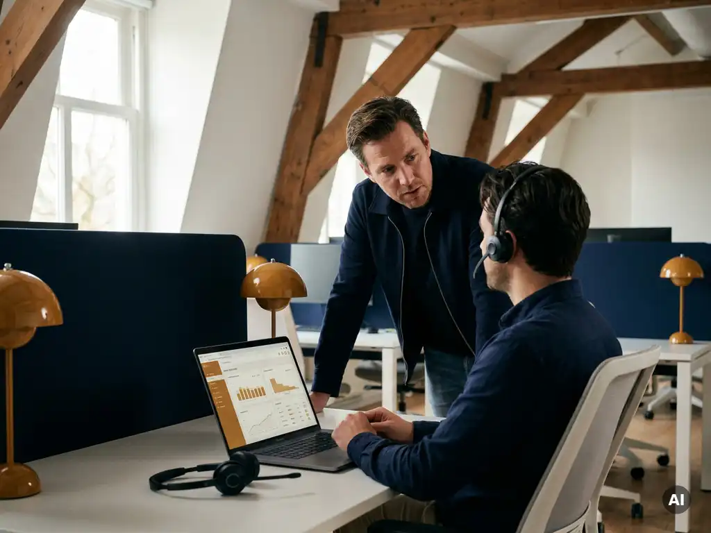 Coach begeleidt klantenservicemedewerker bij modern werkstation met laptop met gespreksanalytics en headset in Utrecht-stijl kantoor.
