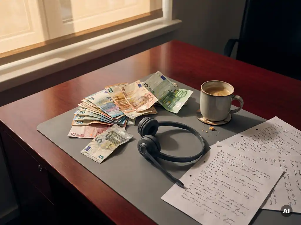 Euro biljetten verspreid op een bureau naast een telefoonheadset, koffiekop en handgeschreven notities, symbool voor inefficiëntie en tijdverlies.