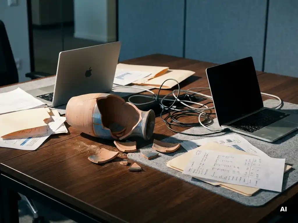 Gebroken keramieken vaas met verspreide klantendossiers op modern bureau, losse kabels tussen twee laptops die van elkaar afgewend staan.