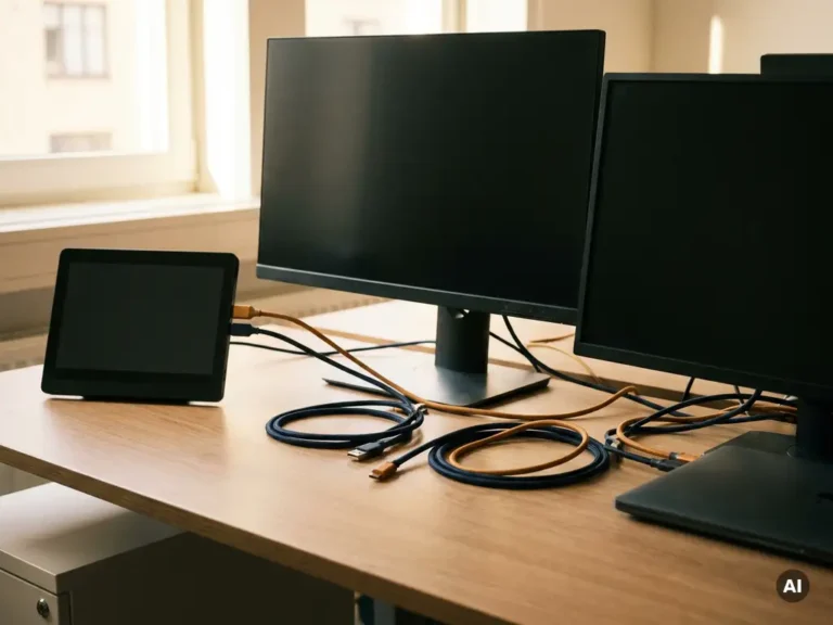 Fysieke kabels verbinden helpdesk-, CRM- en ERP-werkstations op een modern kantoorbureau in marineblauw en amber tinten.