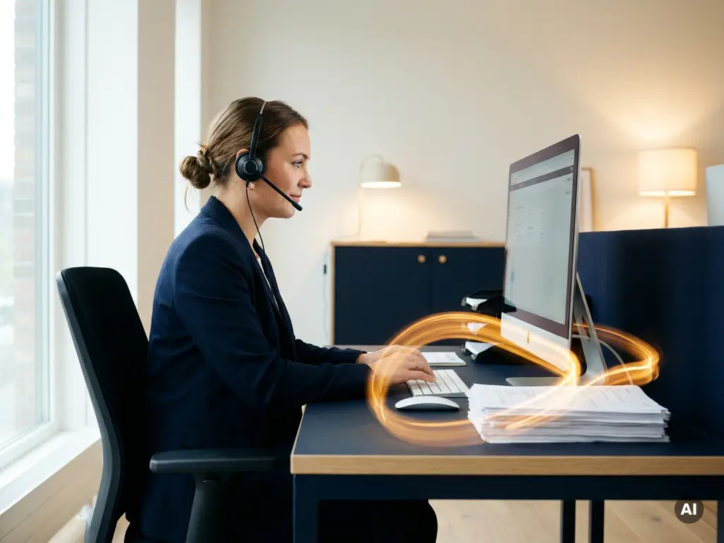 Klantenservicemedewerker met headset aan modern bureau, gloeiende amber AI-workflow zichtbaar tussen documenten, kantooromgeving in marineblauw en warm wit.