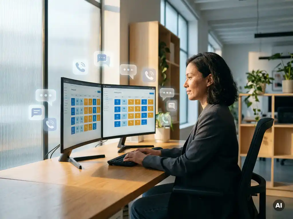 Klantenservicemedewerker beheert digitale ticketwachtrij op twee monitors in modern kantoor met warm en koel licht.