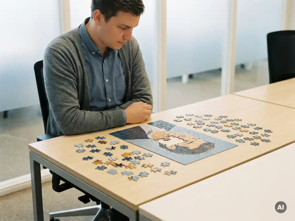 Klantenservicemedewerker aan modern bureau met verspreid liggende puzzelstukjes, één ontbrekend stuk symboliseert gefragmenteerde klantdata.