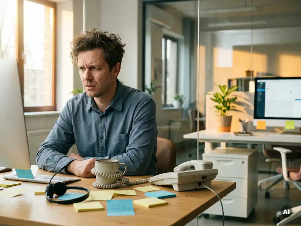 Gefrustreerde klantenservicemedewerker aan rommelig bureau met verstrikt telefoonsnoer, sticky notes en headset in modern kantoor.