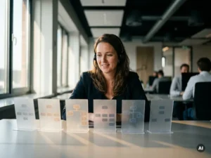 Klantenservicemedewerker met headset aan modern bureau, gerangschikt gespreksstroomkaarten naast haar, warm amberkleurig licht, kantooromgeving.