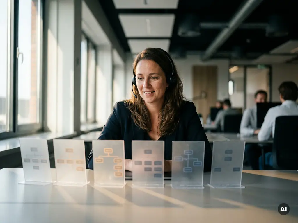Klantenservicemedewerker met headset aan modern bureau, gerangschikt gespreksstroomkaarten naast haar, warm amberkleurig licht, kantooromgeving.
